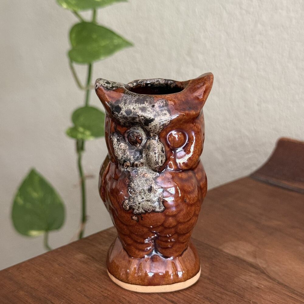 Mini Vase Owl Figurine Brown Drip Glazed Art Pottery 4"H Farmhouse Decor VTG